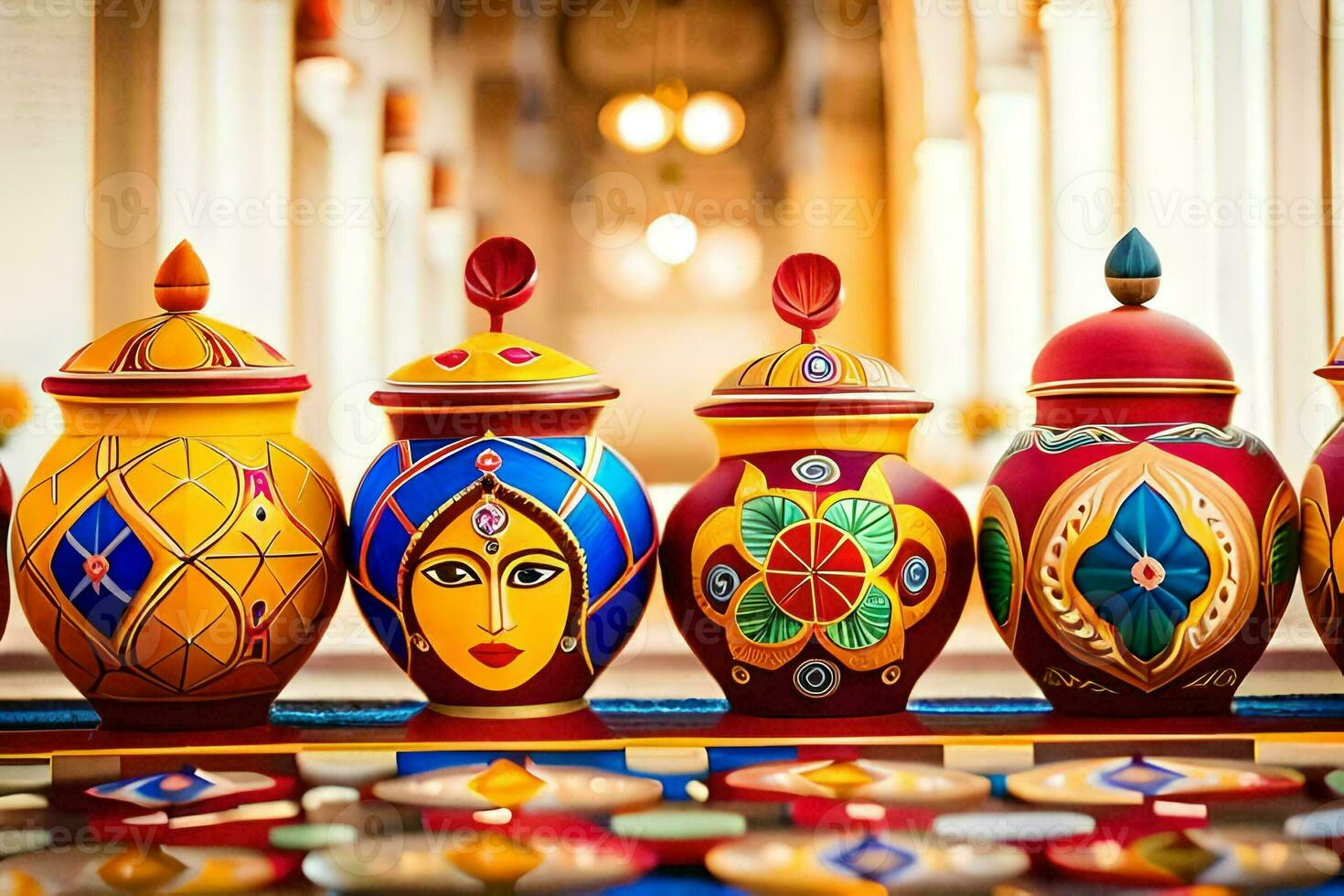 colorful vases with painted faces on them. AI-Generated photo