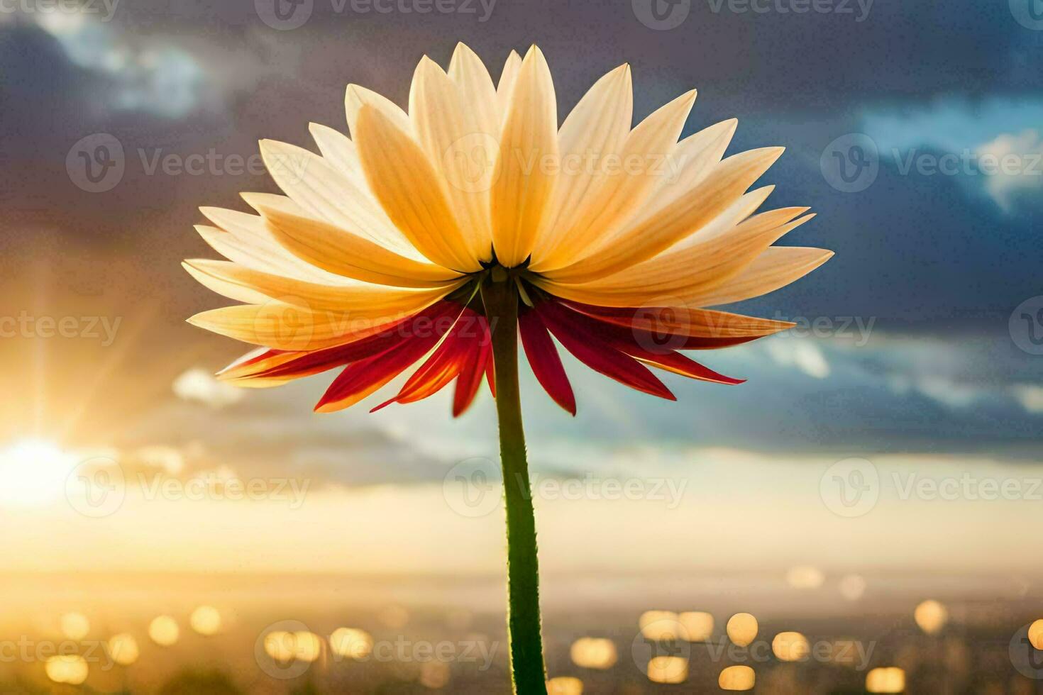 a single flower is standing in front of a sunset. AI-Generated photo