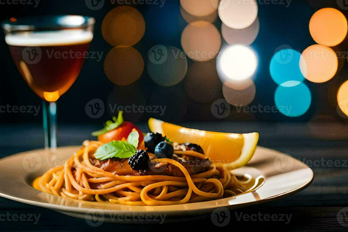 spaghetti with tomato sauce and blueberries on a plate. AI-Generated photo