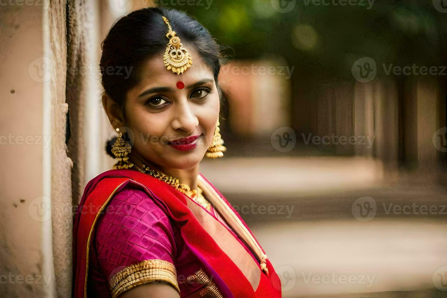 a beautiful indian woman in a red sari. AI-Generated photo