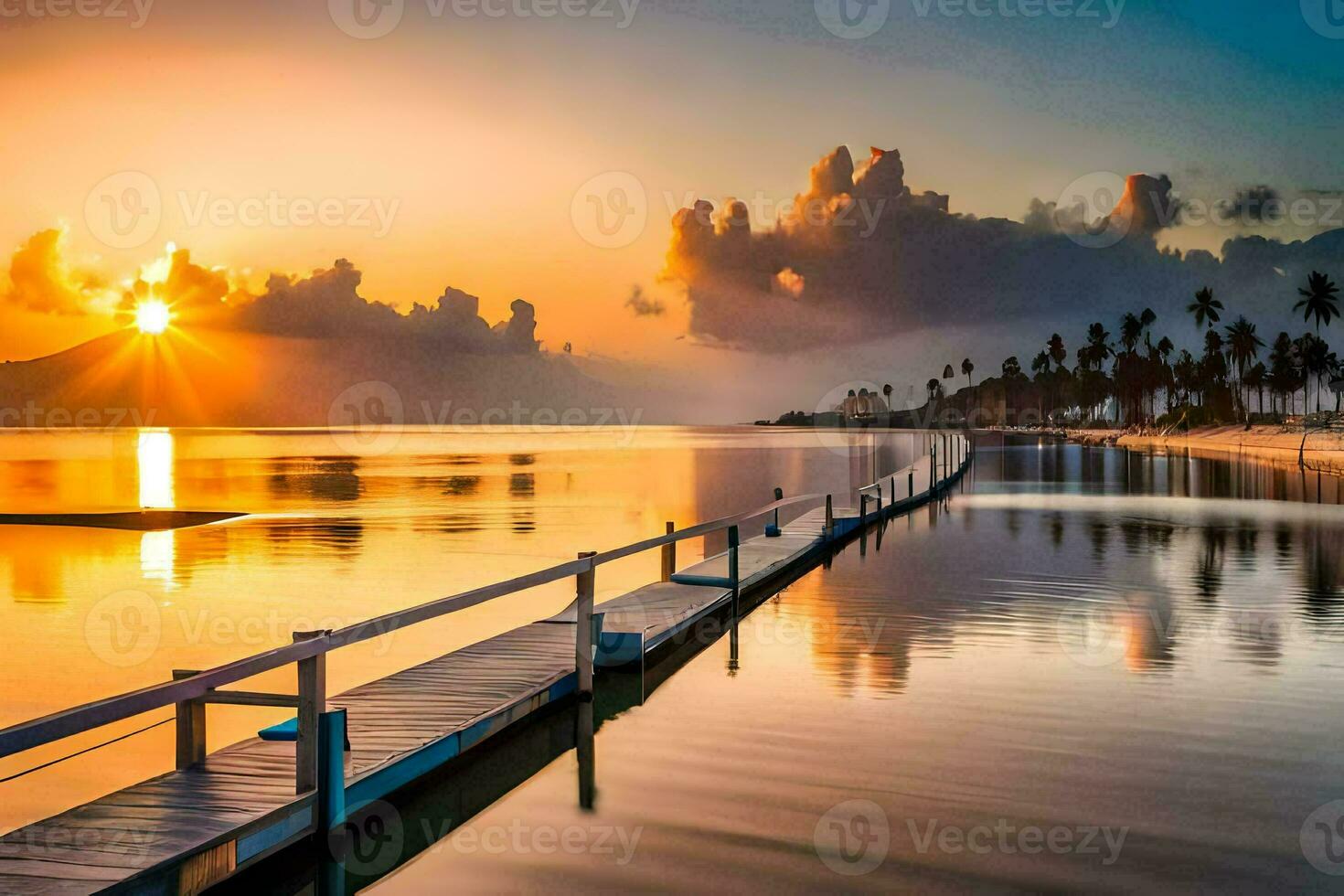 a pier in the ocean at sunset. AI-Generated photo