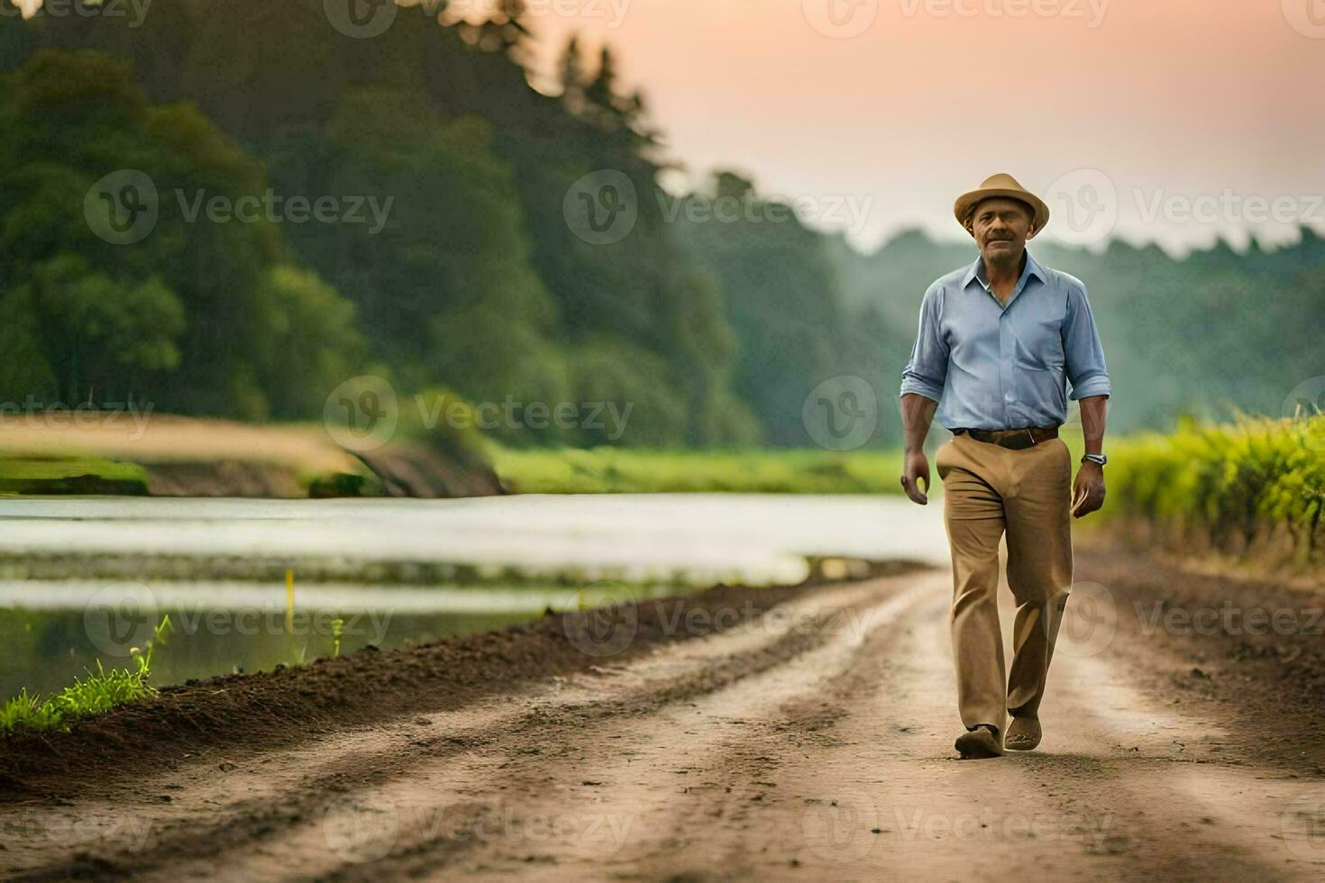 a man walking down a dirt road near a river. AI-Generated photo