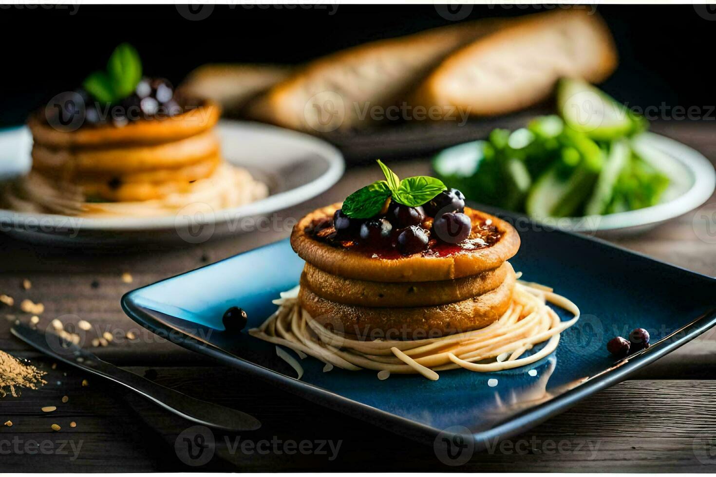 a plate of pasta with sauce and bread. AI-Generated photo