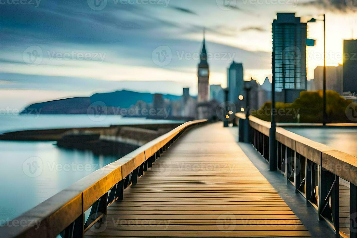 a wooden walkway leads to the water and a city skyline. AI-Generated photo