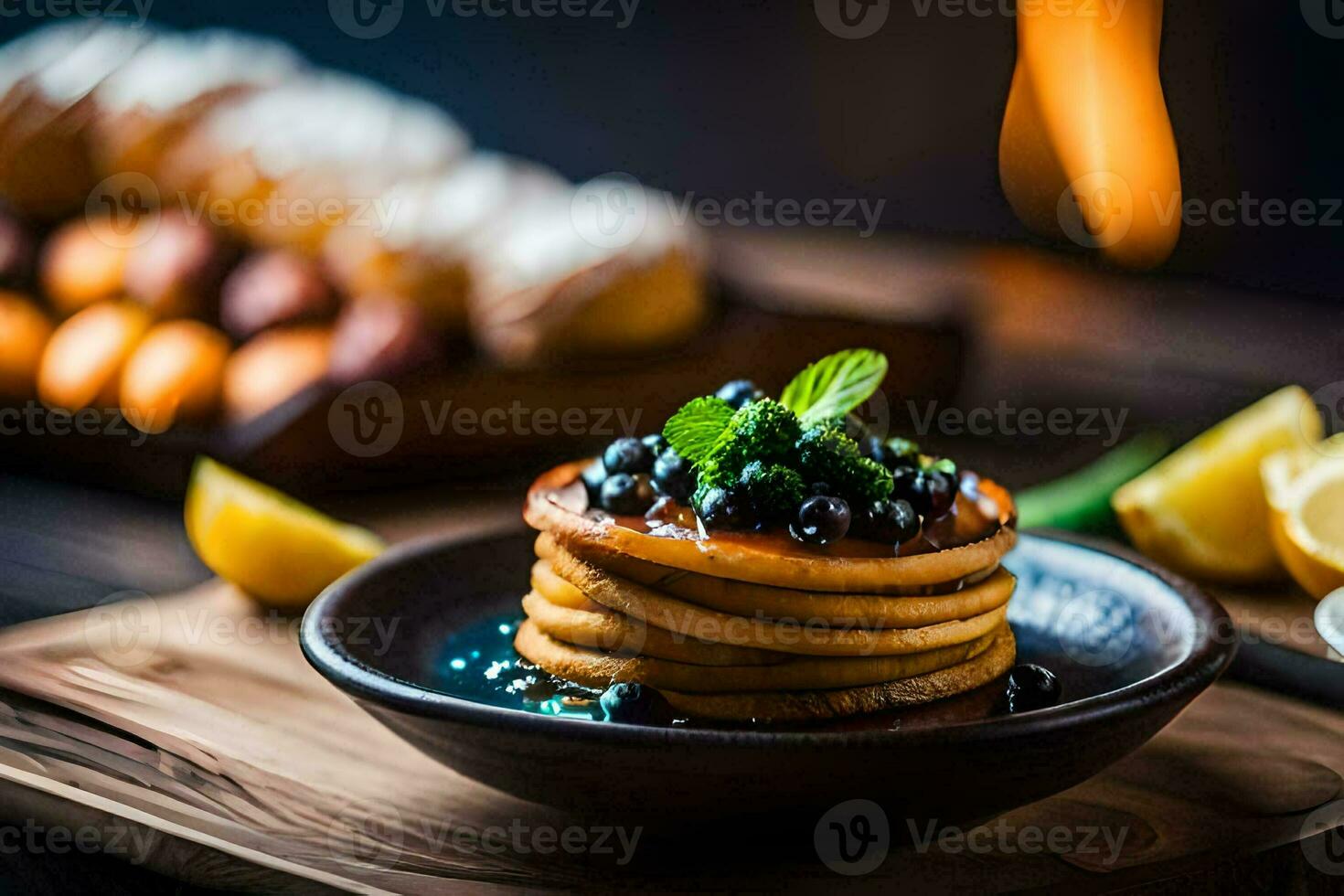 pancakes with blueberries and lemon on a wooden table. AI-Generated photo