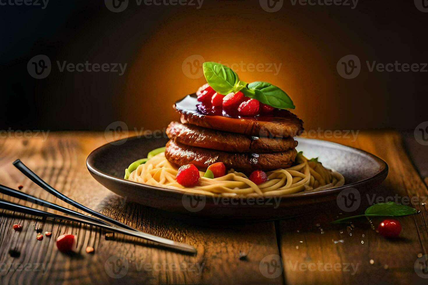 chicken sausage with sauce and noodles on a plate. AI-Generated photo
