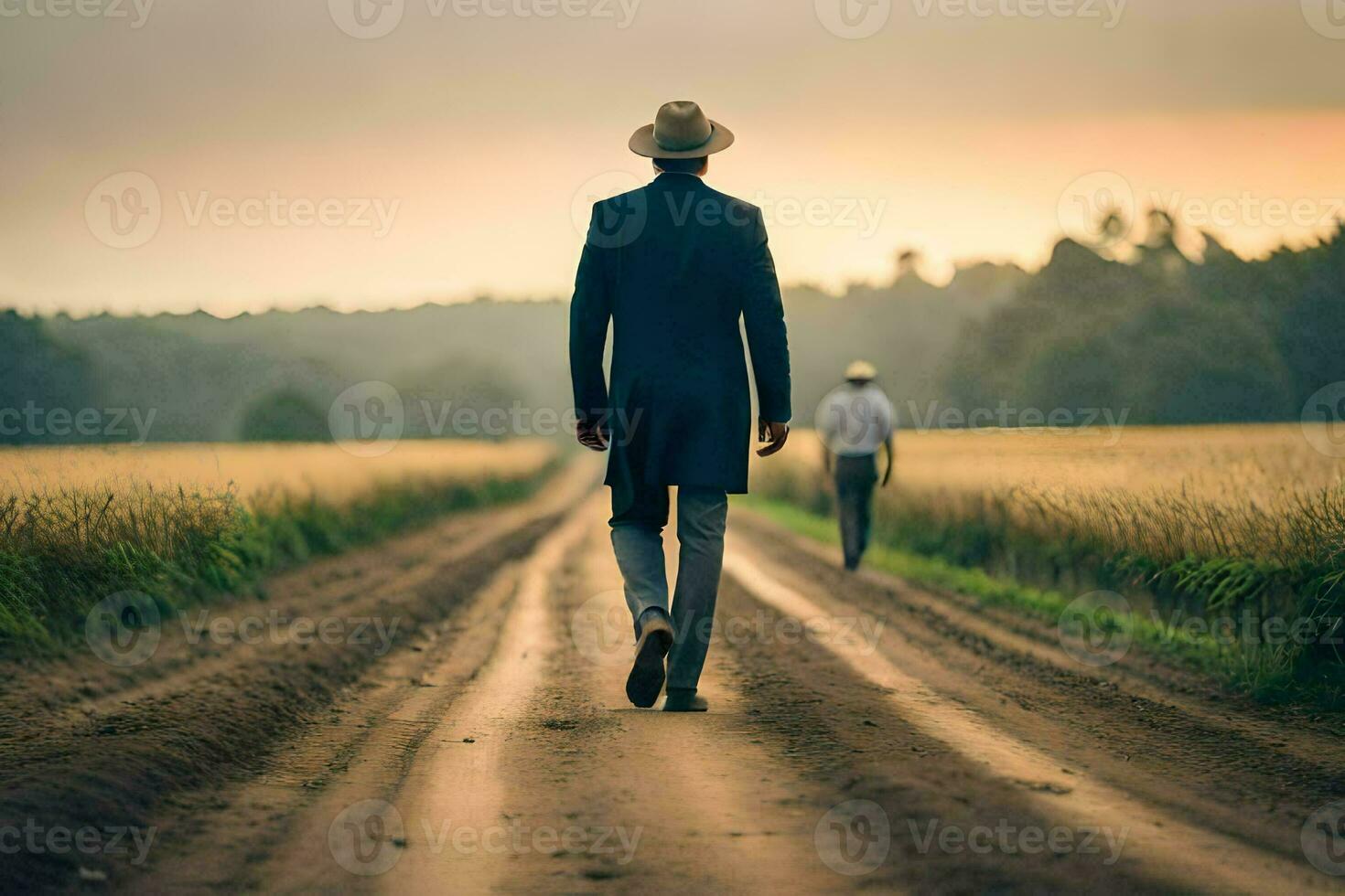 un hombre en un sombrero camina abajo un suciedad la carretera. generado por ai foto