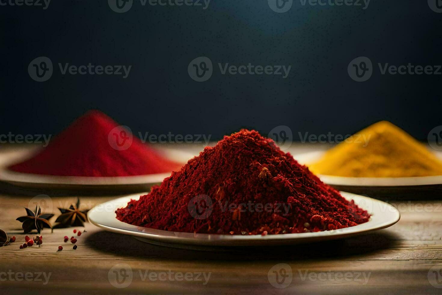 three different colored powders on a plate. AI-Generated photo