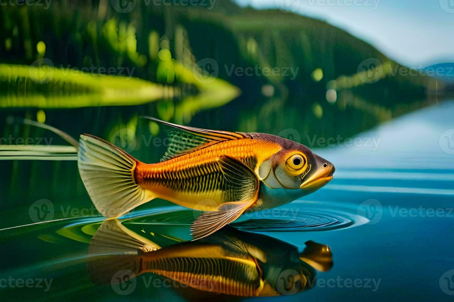 a fish is floating on the water in front of a mountain. AI-Generated photo