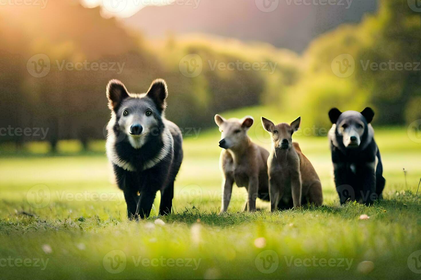 four dogs are standing in a field. AI-Generated photo