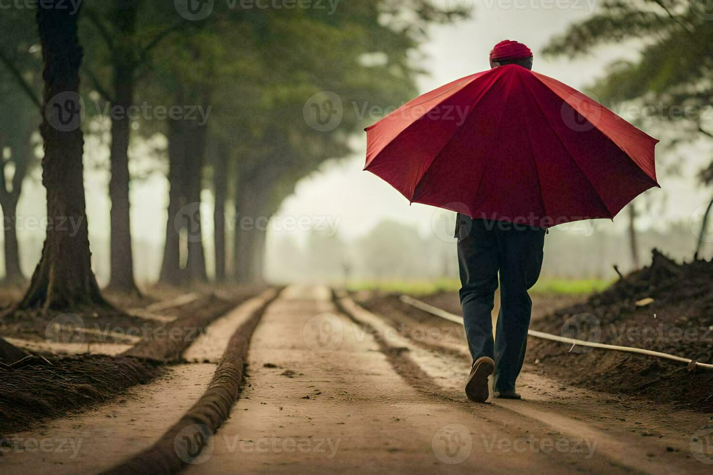 a man walking down a dirt road with a red umbrella. AI-Generated photo