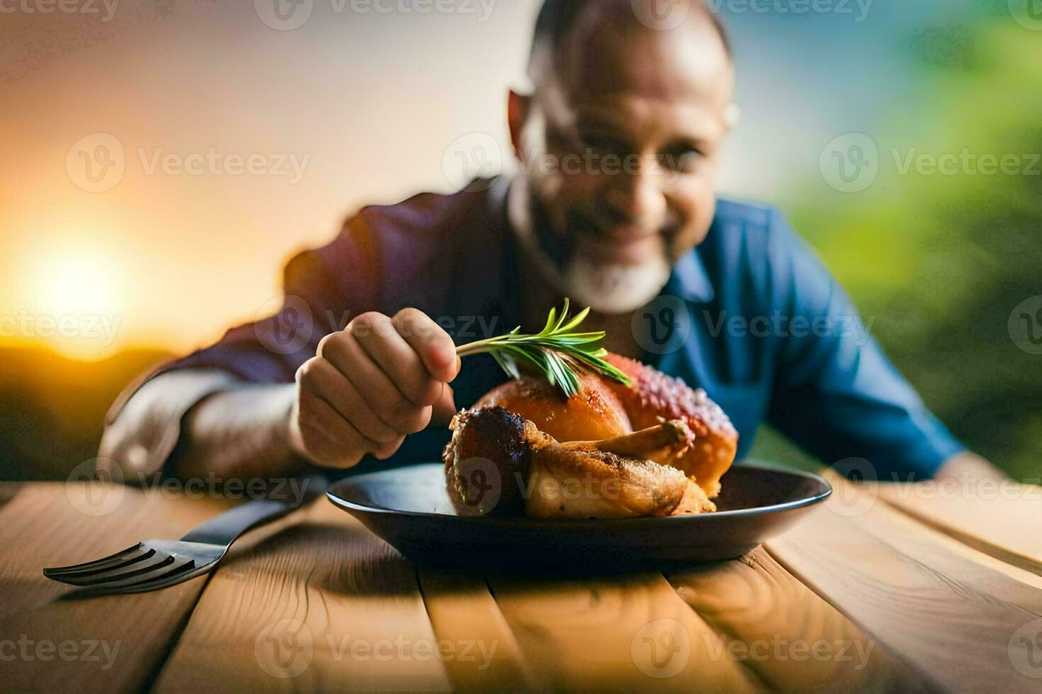 a man is eating a chicken on a plate. AI-Generated photo