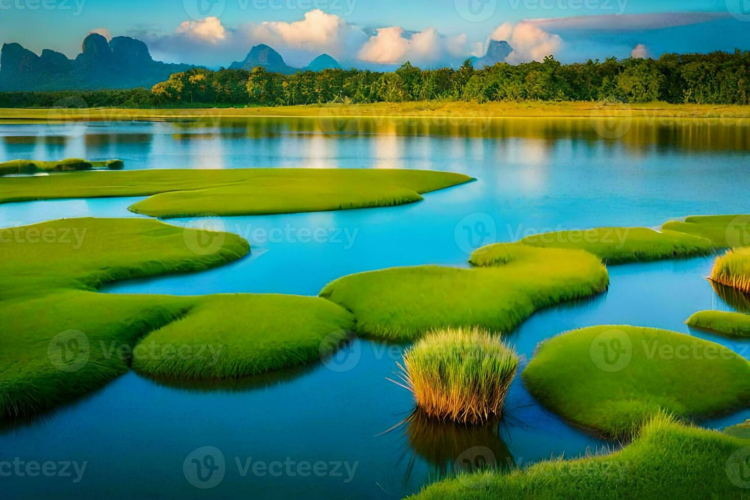 the green grass and water in the river. AI-Generated photo