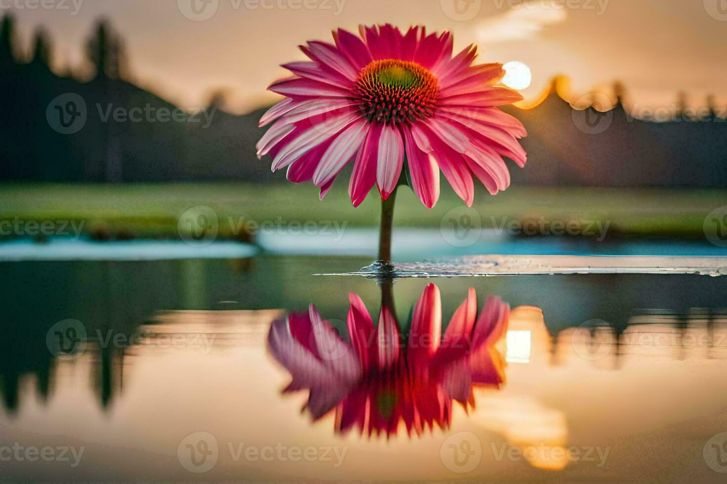 a pink flower is reflected in the water at sunset. AI-Generated photo