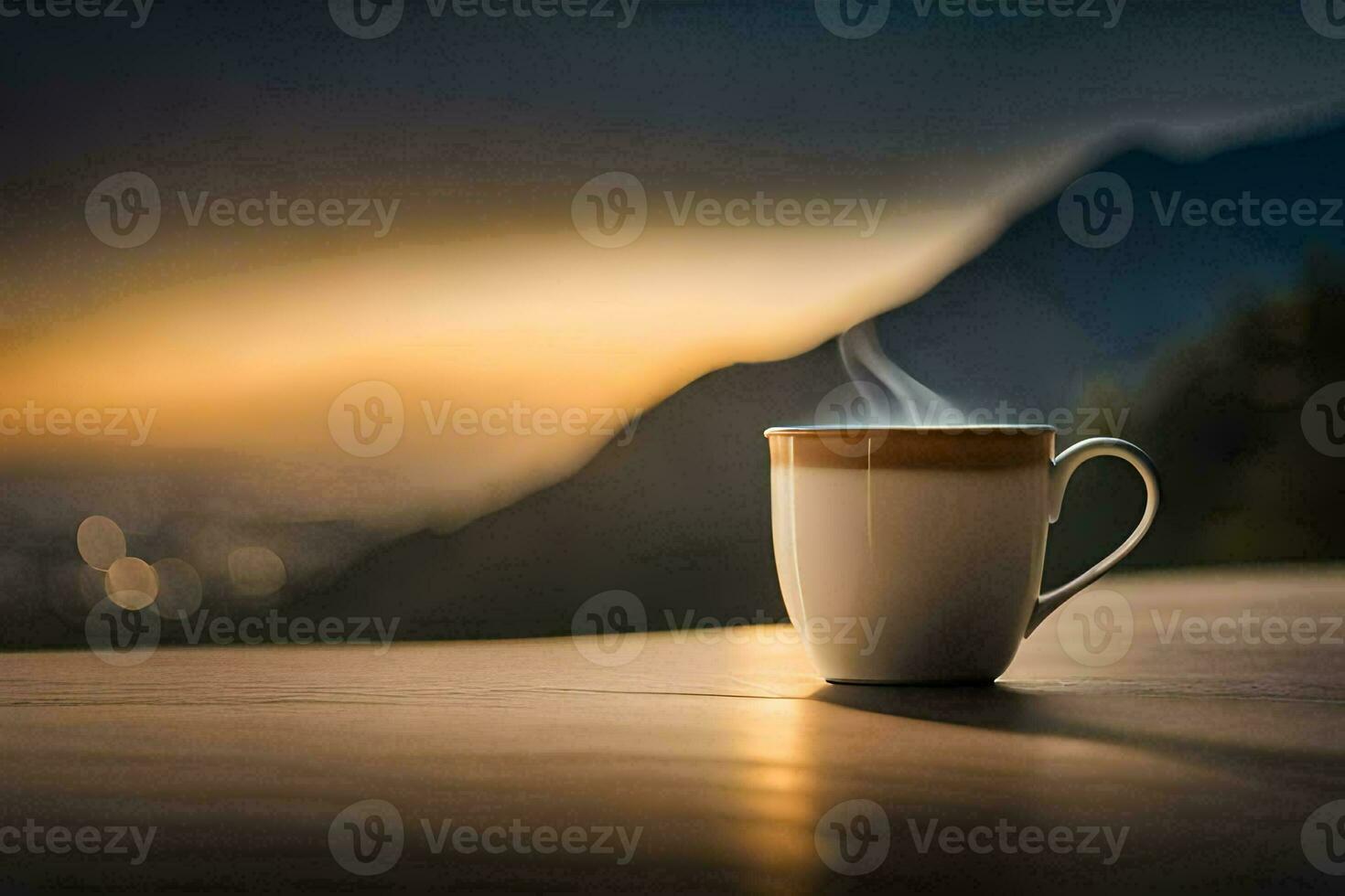 a cup of coffee on the table in the mountains. AI-Generated photo