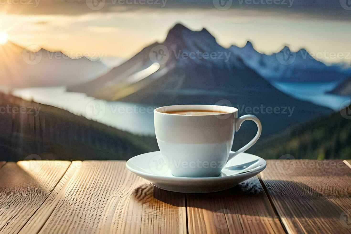 coffee cup on the table with mountains in the background. AI-Generated photo