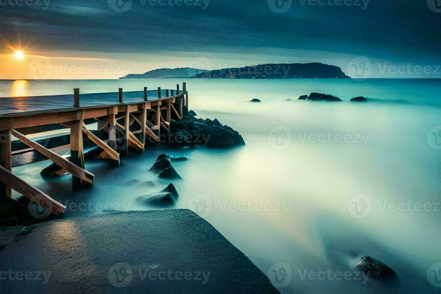 a pier in the ocean at sunset. AI-Generated photo