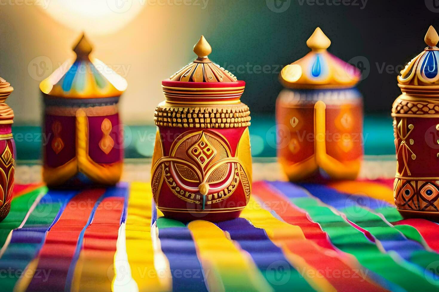 colorful diyas on a colorful tablecloth. AI-Generated photo