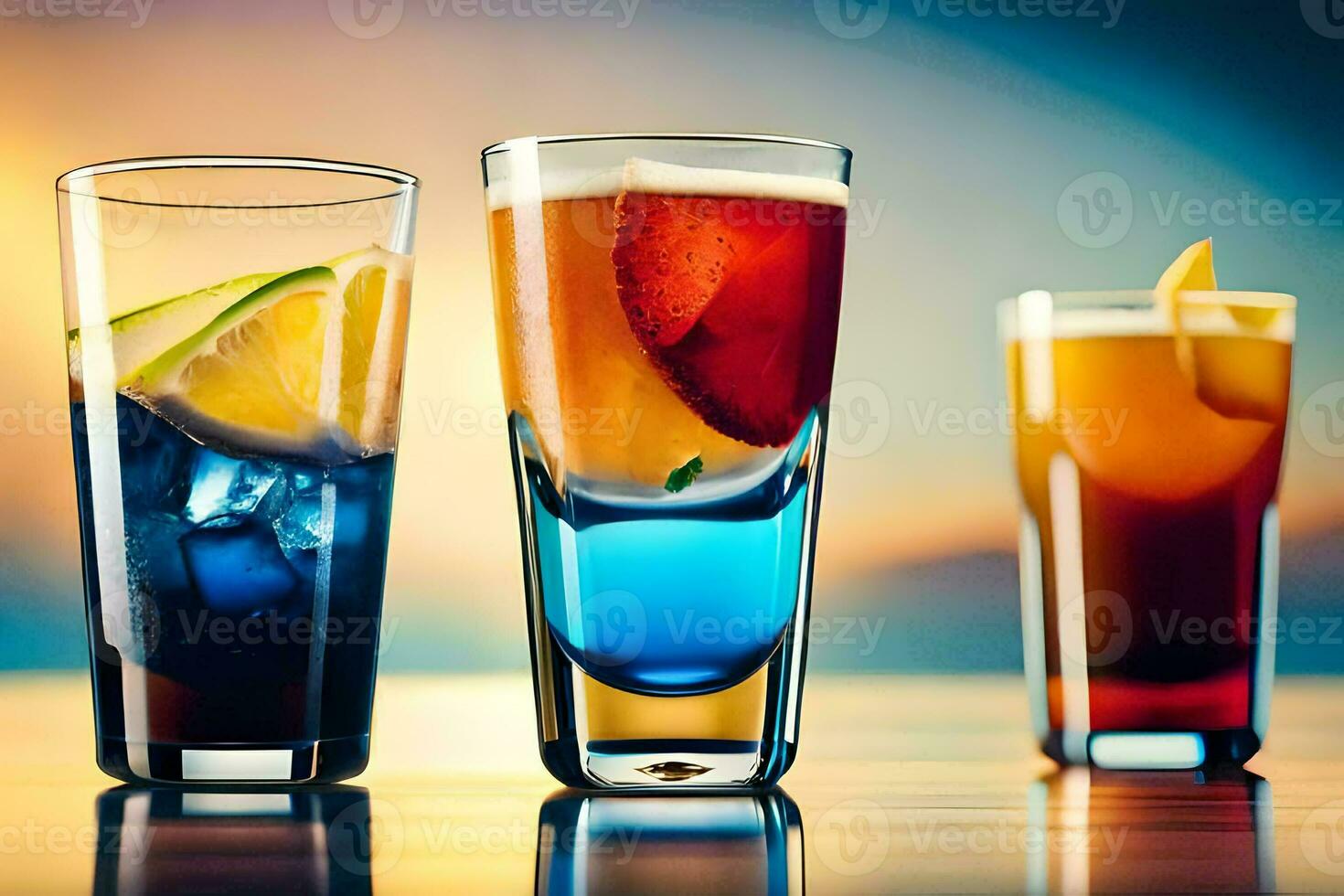 Tres diferente de colores bebidas en lentes en un mesa. generado por ai foto