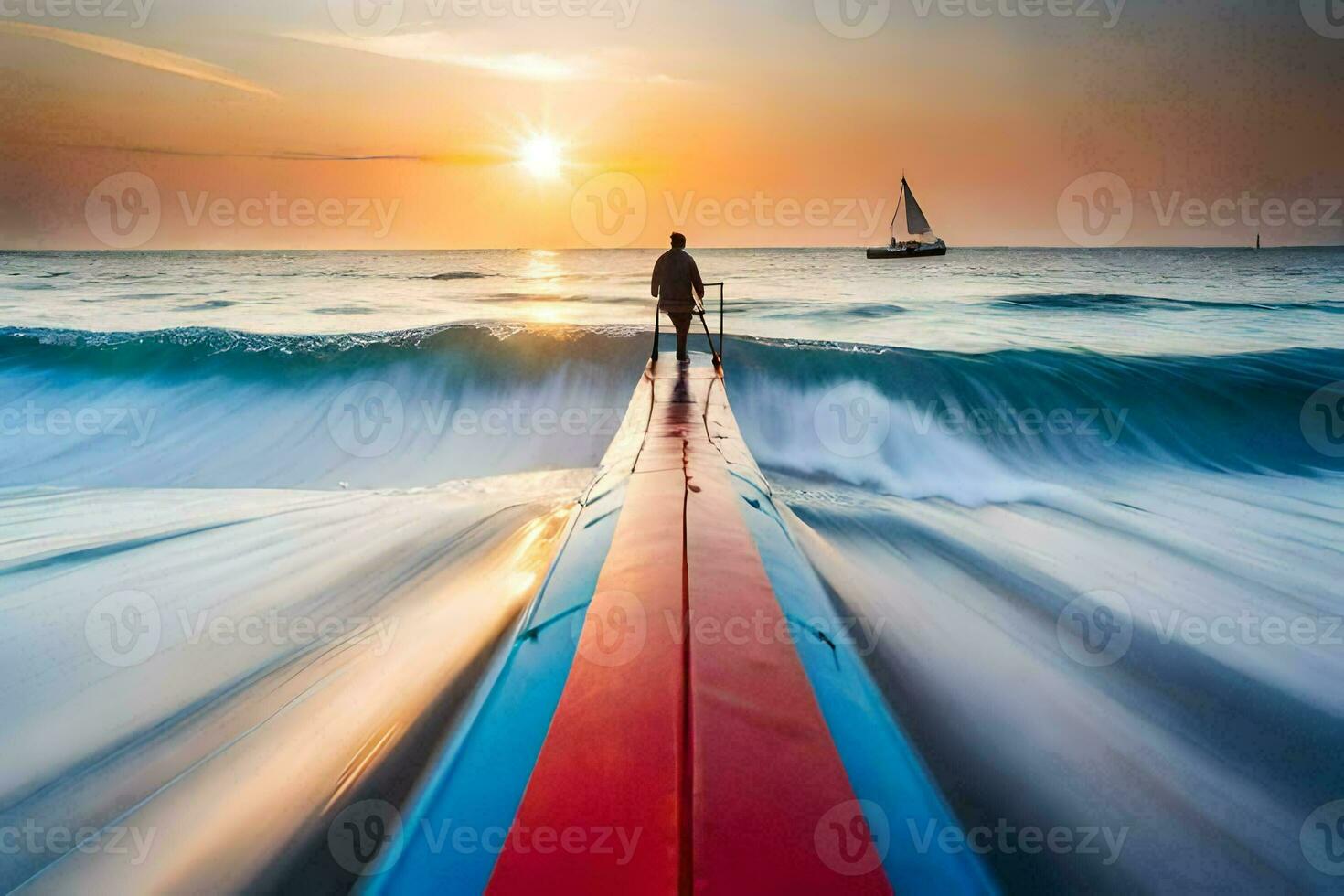 un hombre es en pie en el final de un largo de madera bote. generado por ai foto