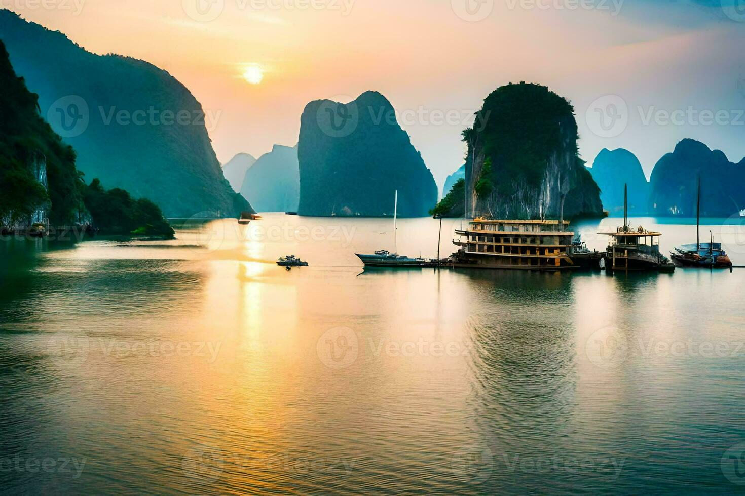 boats in the water at sunset in halong bay. AI-Generated photo