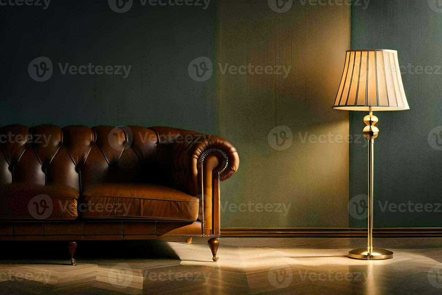 a leather couch and lamp in a room. AI-Generated photo