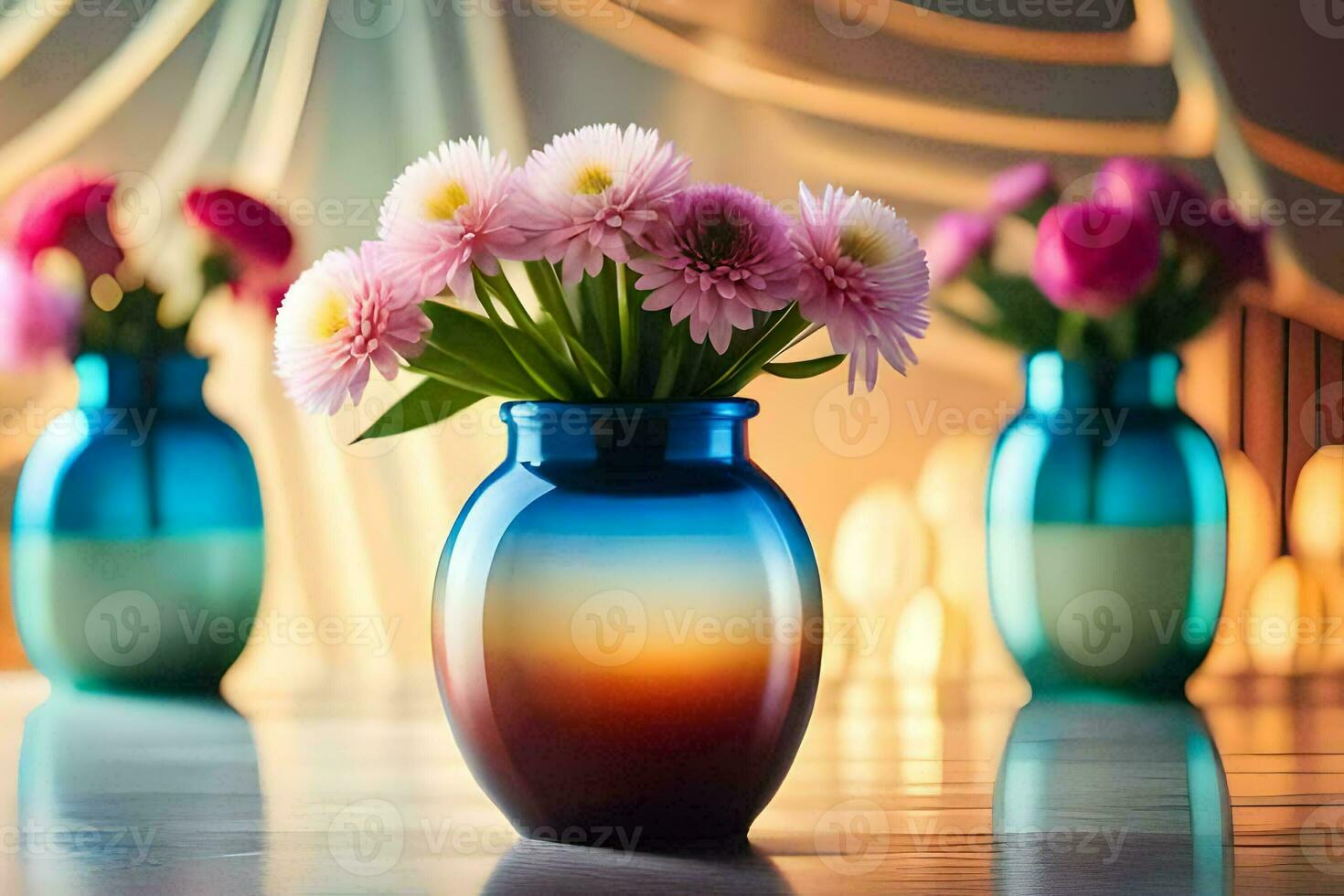 three vases with pink flowers in them on a table. AI-Generated photo