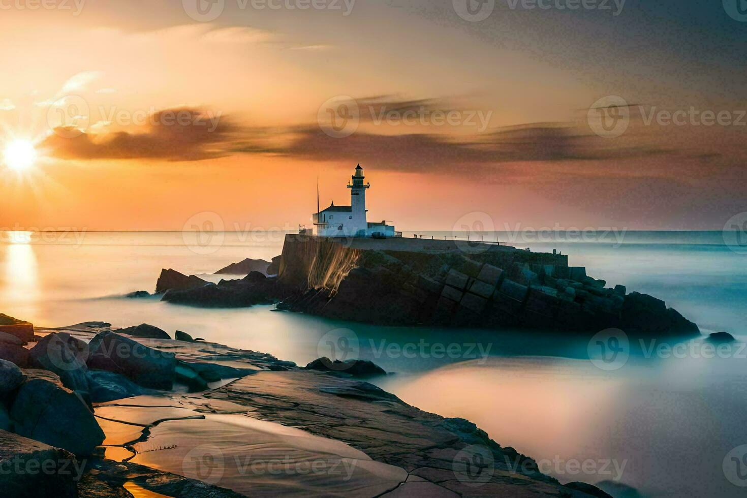 a lighthouse sits on the rocks at sunset. AI-Generated photo