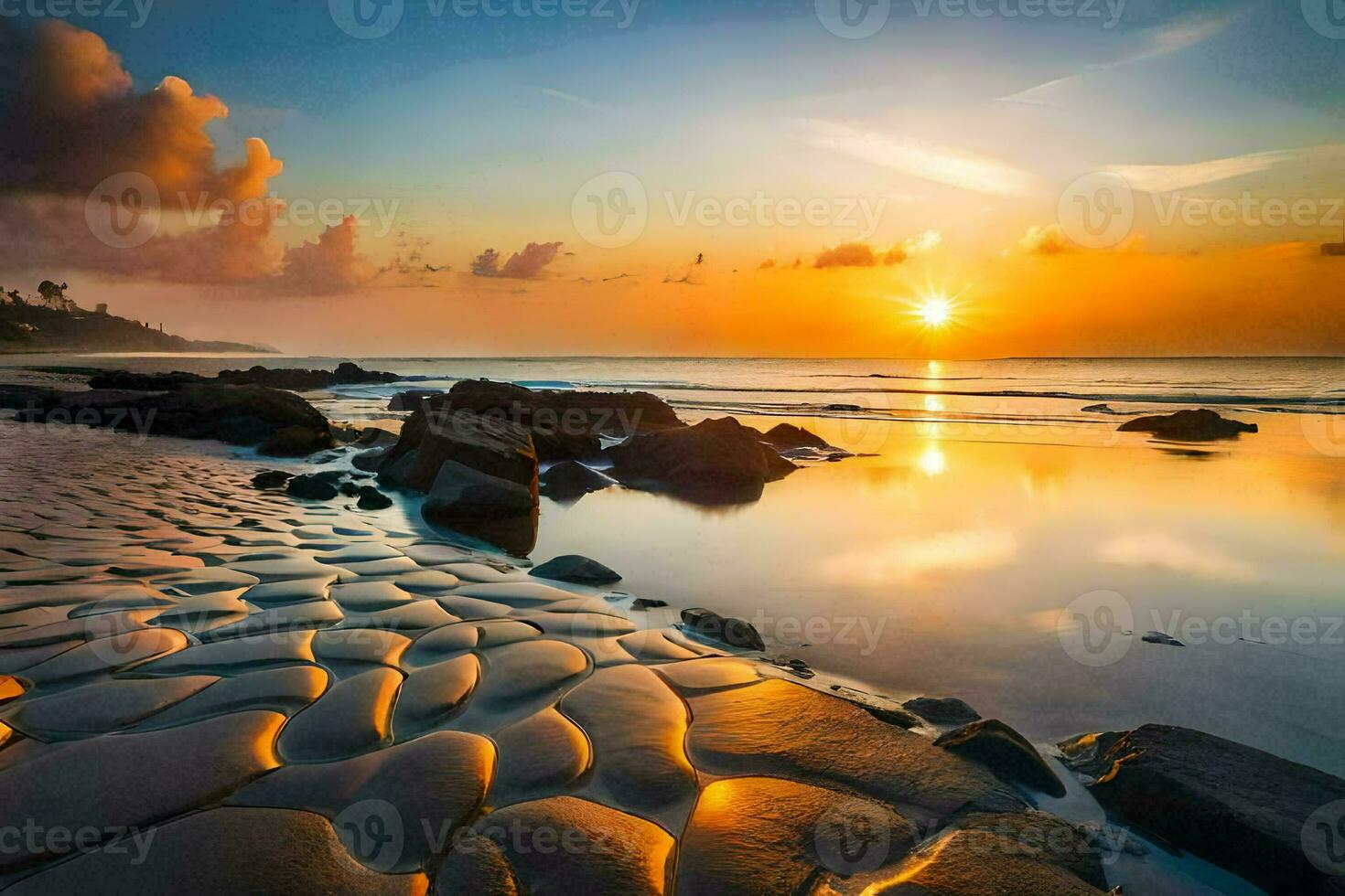 the sun sets over the ocean and rocks on the beach. AI-Generated photo