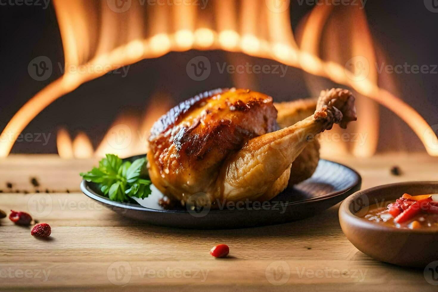 a roasted chicken on a plate in front of a fireplace. AI-Generated photo