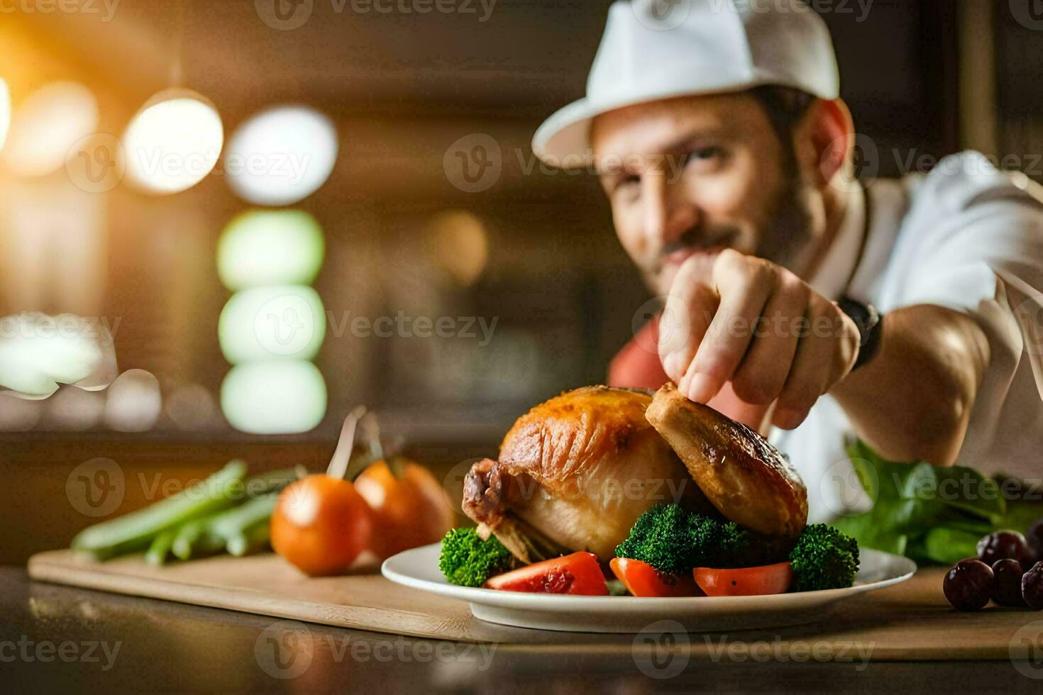 cocinero participación un pollo en un lámina. generado por ai foto