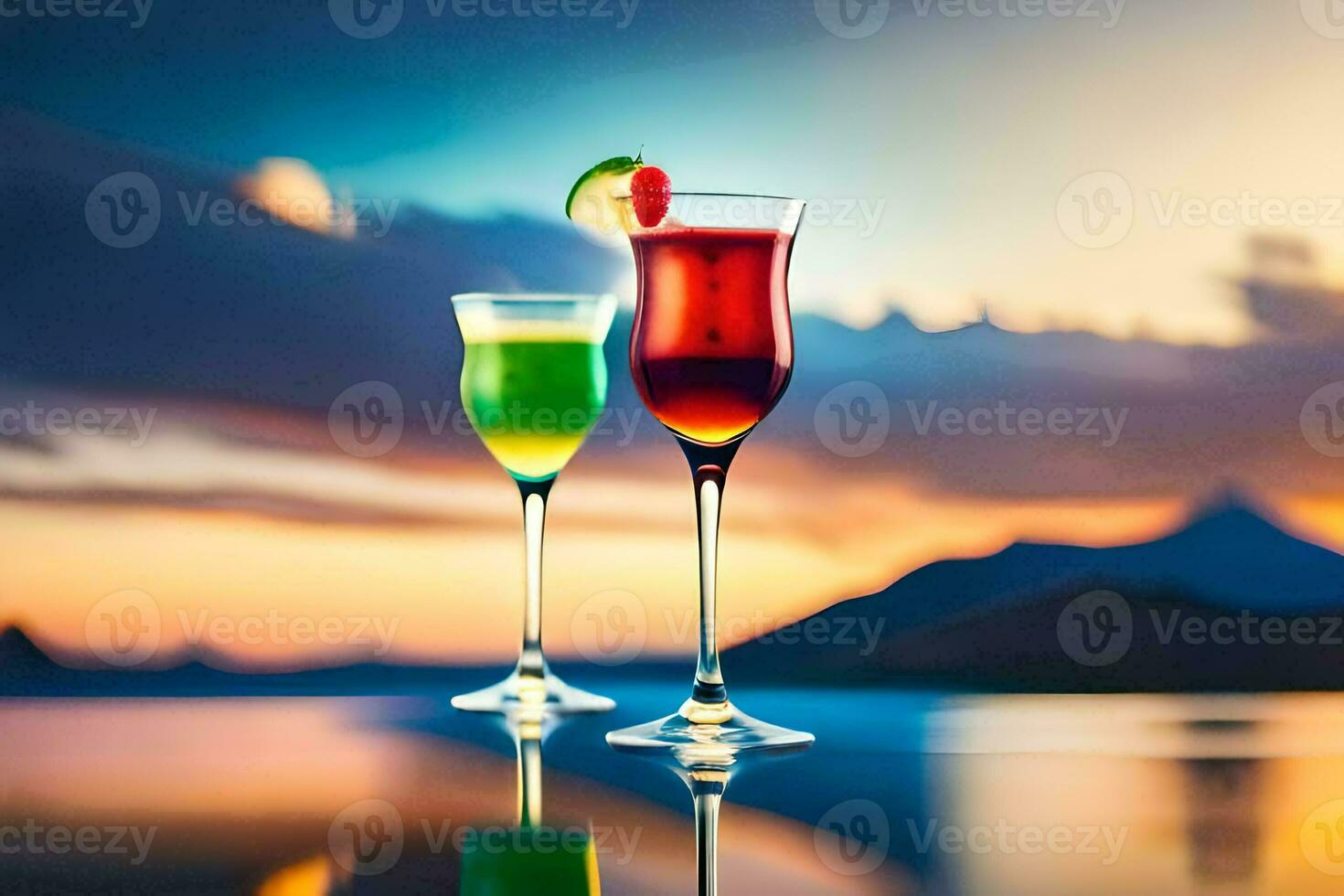 two glasses of cocktails on a table with a sunset in the background. AI-Generated photo