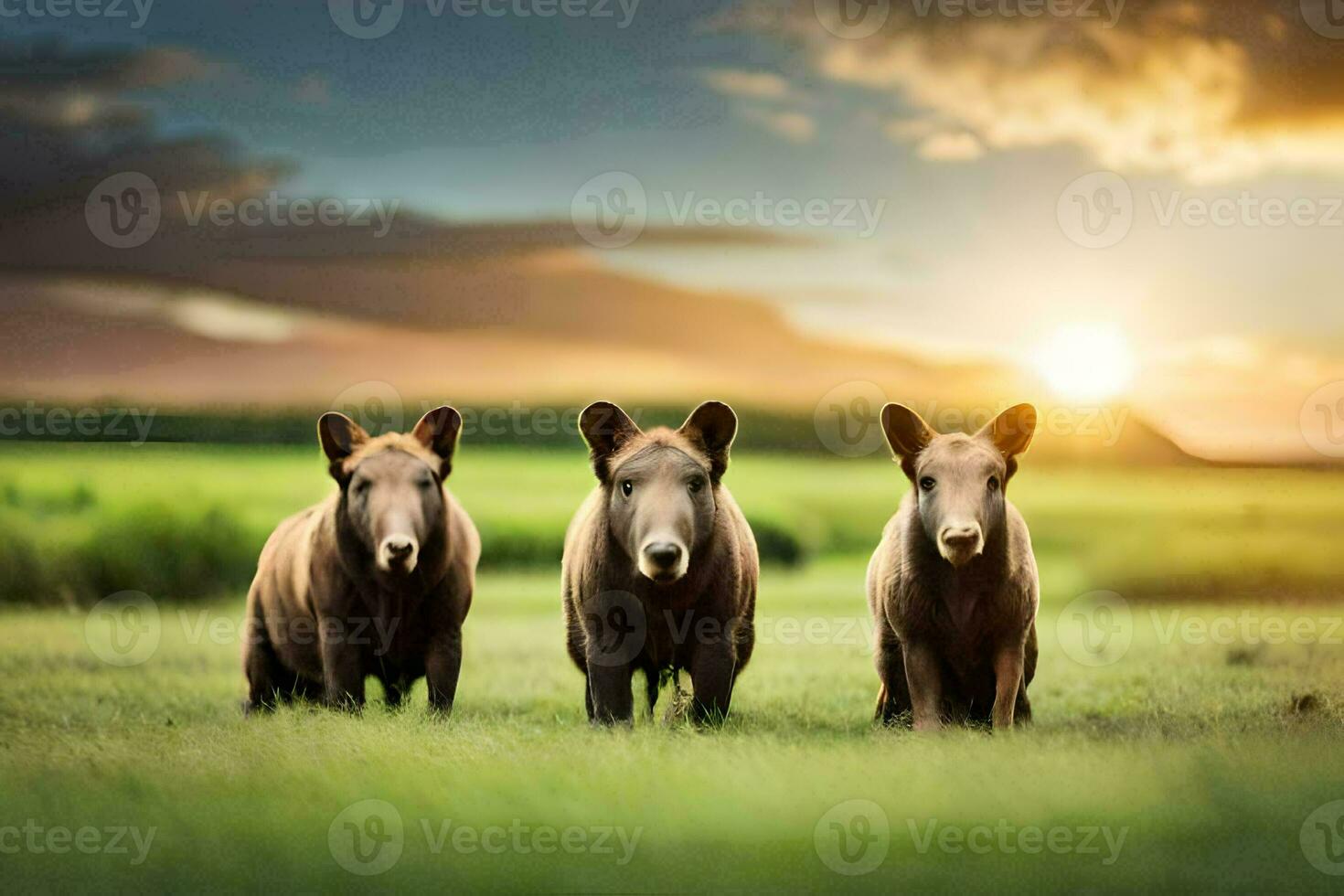 three wild boars walking in the grass. AI-Generated photo