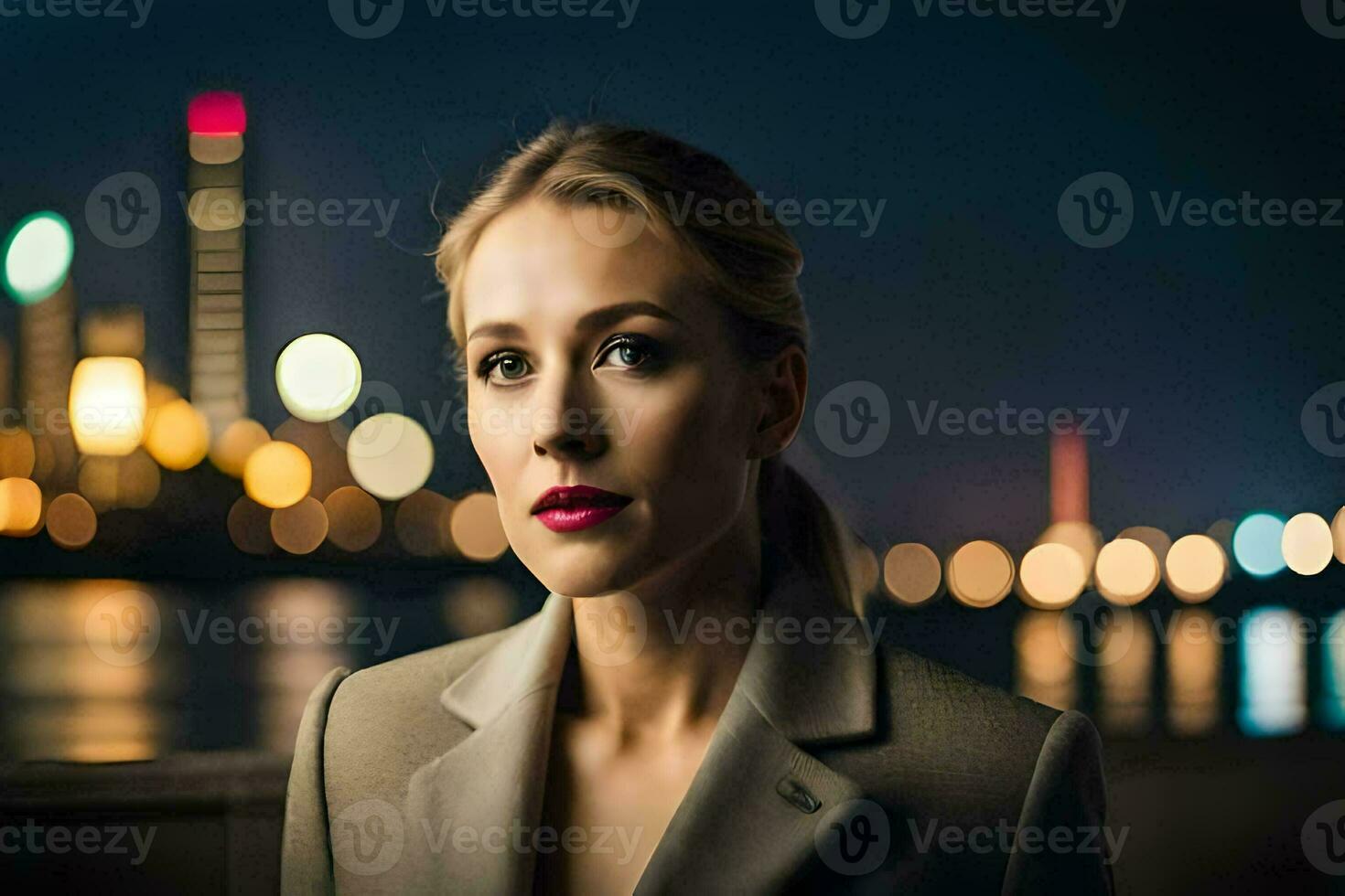 un mujer en un traje y Corbata en pie en frente de el ciudad luces. generado por ai foto