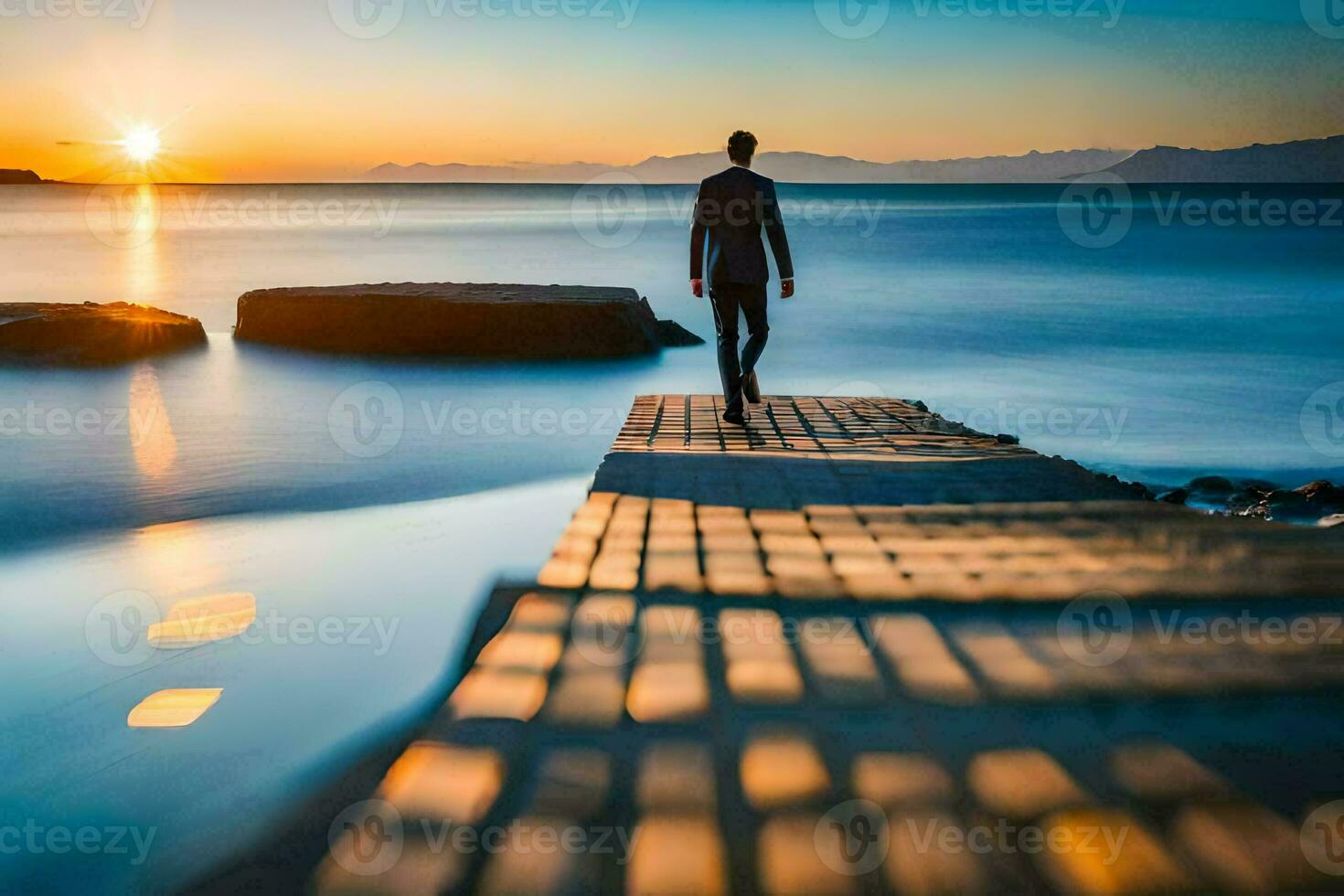 a man walking on a pier at sunset. AI-Generated photo