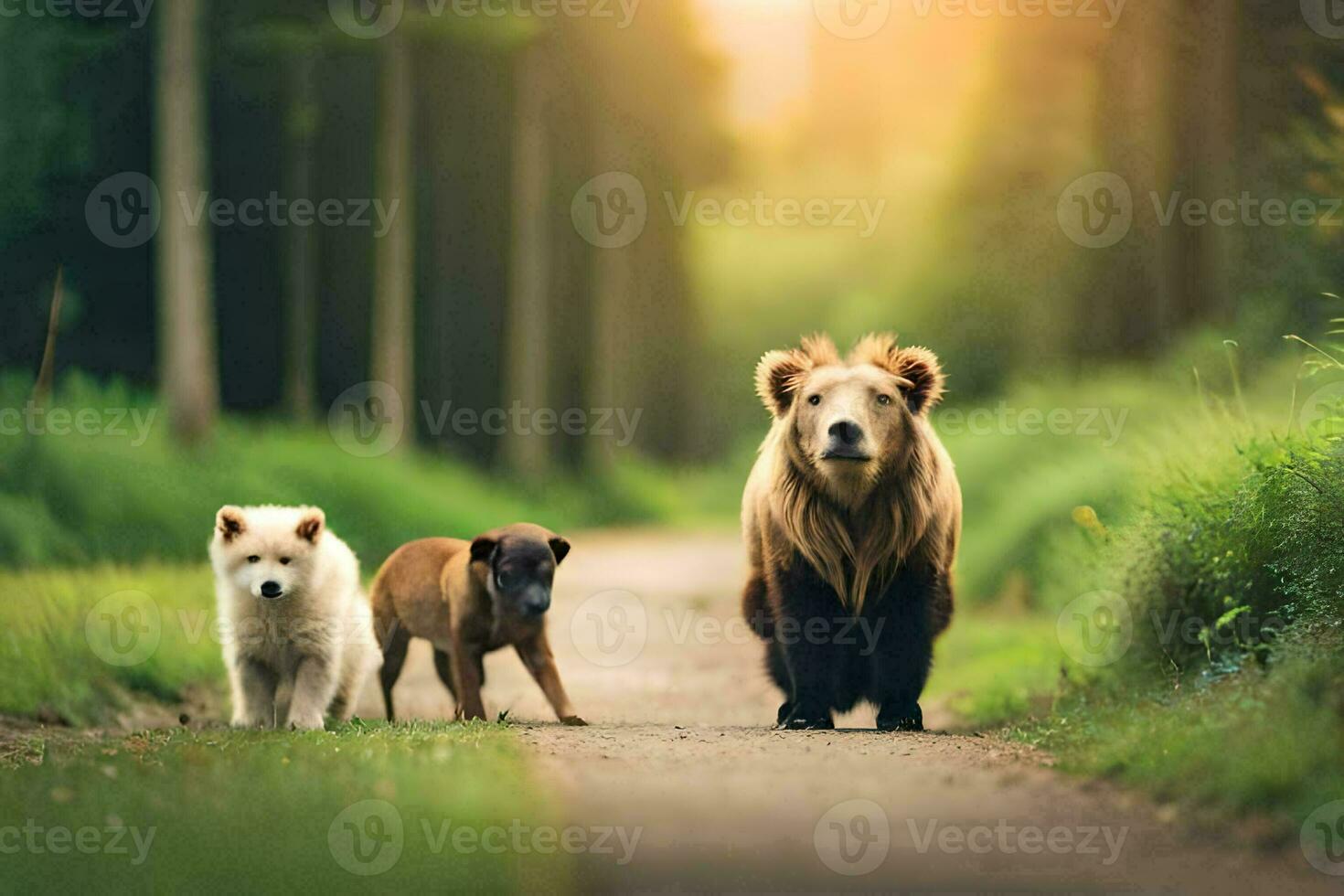 three dogs and a bear walking down a path. AI-Generated photo