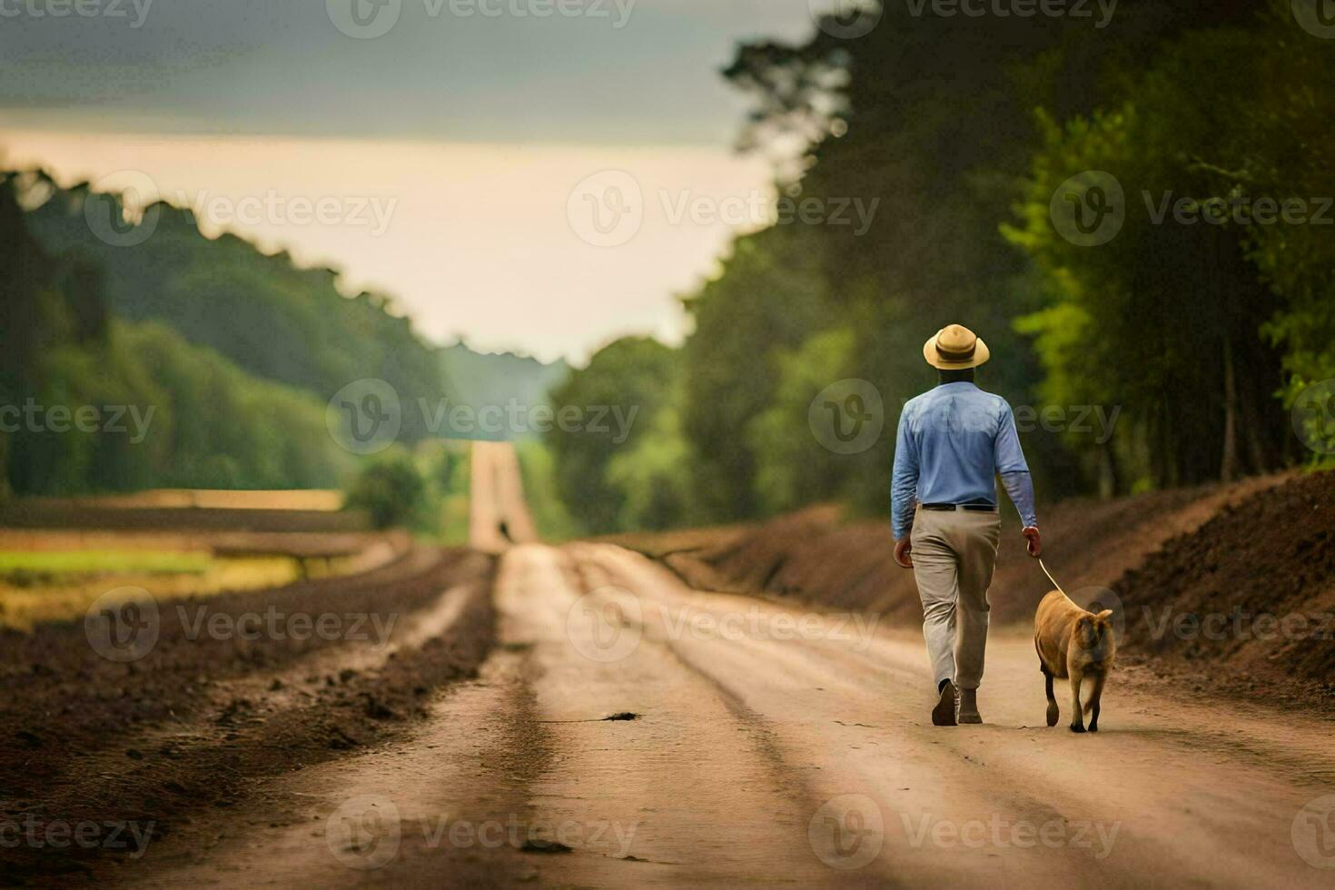 a man walking his dog down a dirt road. AI-Generated photo