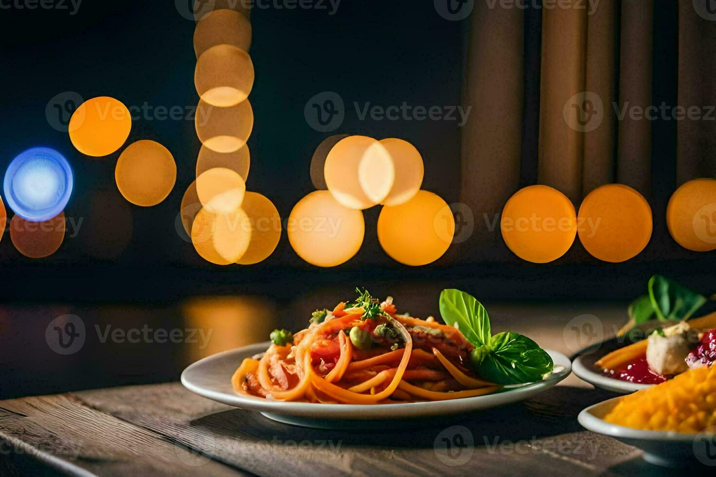 dos platos de pasta y vegetales en un mesa. generado por ai foto