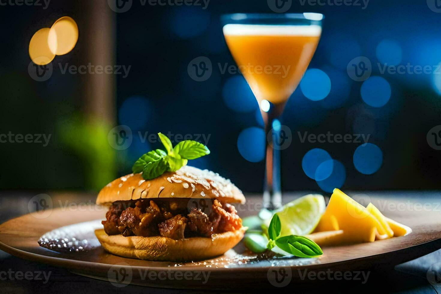a burger and drink on a wooden plate. AI-Generated photo