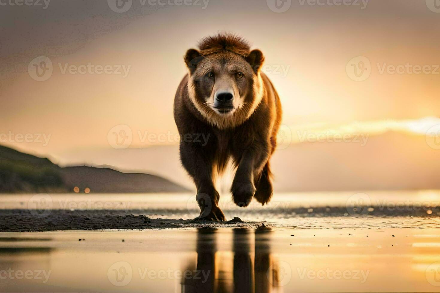 a brown bear running across the beach at sunset. AI-Generated photo