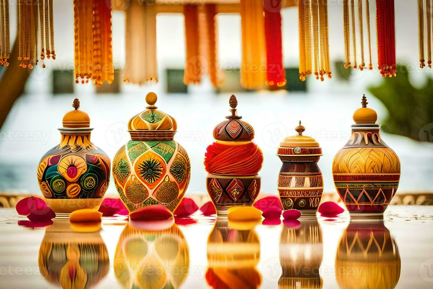 a group of colorful vases on a table. AI-Generated photo