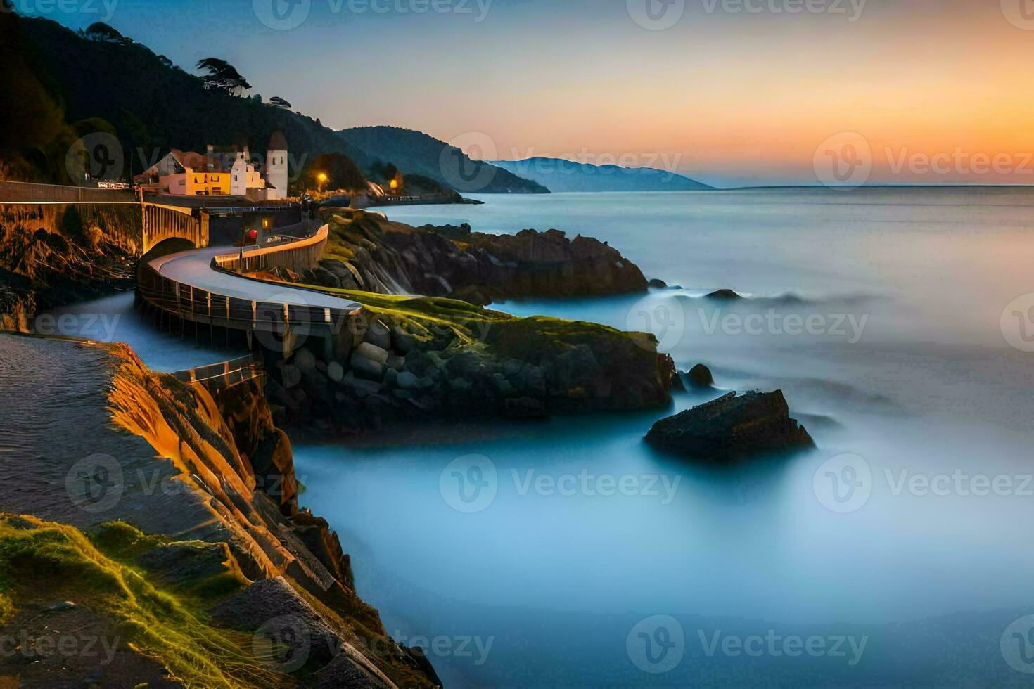 un largo exposición fotografía de un casa en el costa a puesta de sol. generado por ai foto