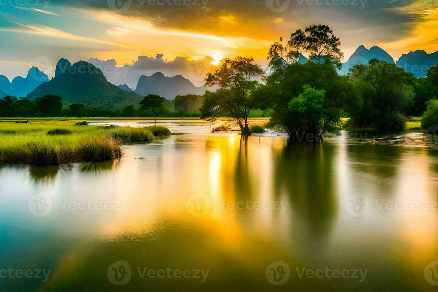 the sun sets over a river and mountains in china. AI-Generated photo