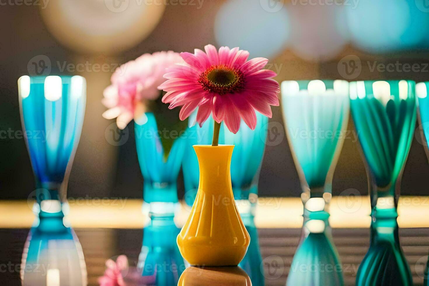 a vase with a pink flower in it and several blue vases. AI-Generated photo