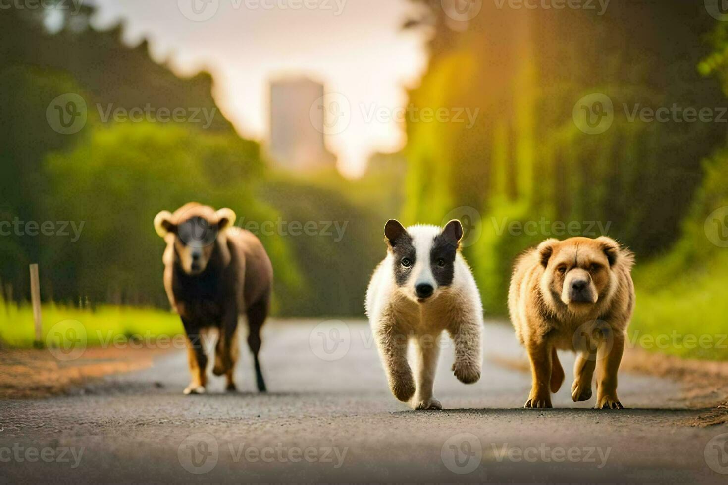 three dogs running down a road with a sheep. AI-Generated photo