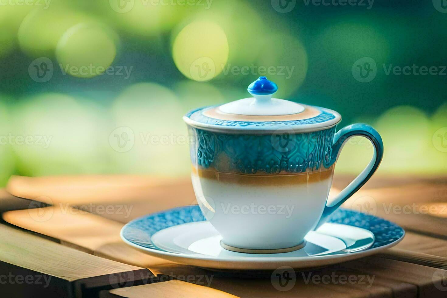 un taza de café en un de madera mesa. generado por ai foto