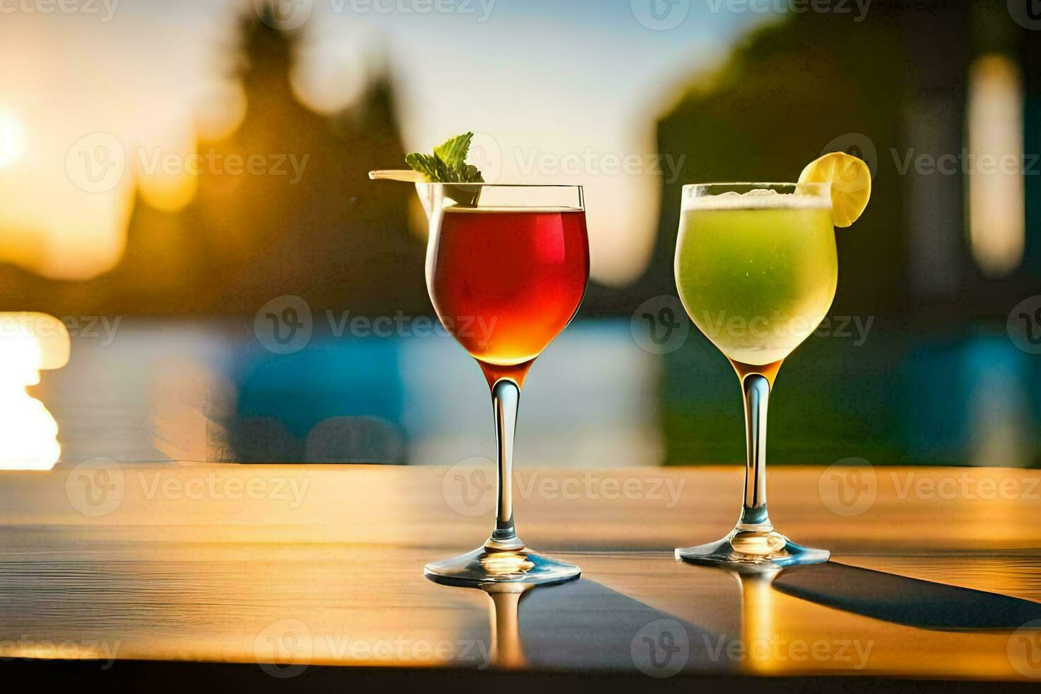 two glasses of cocktails with a sunset in the background. AI-Generated photo