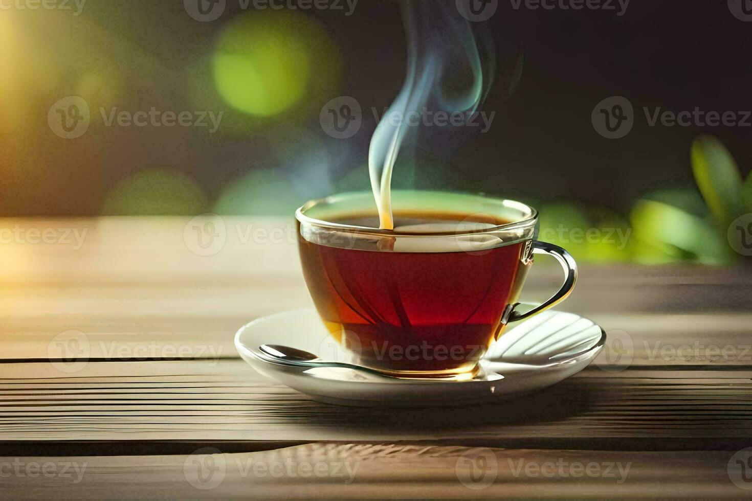 a cup of tea on a wooden table. AI-Generated photo