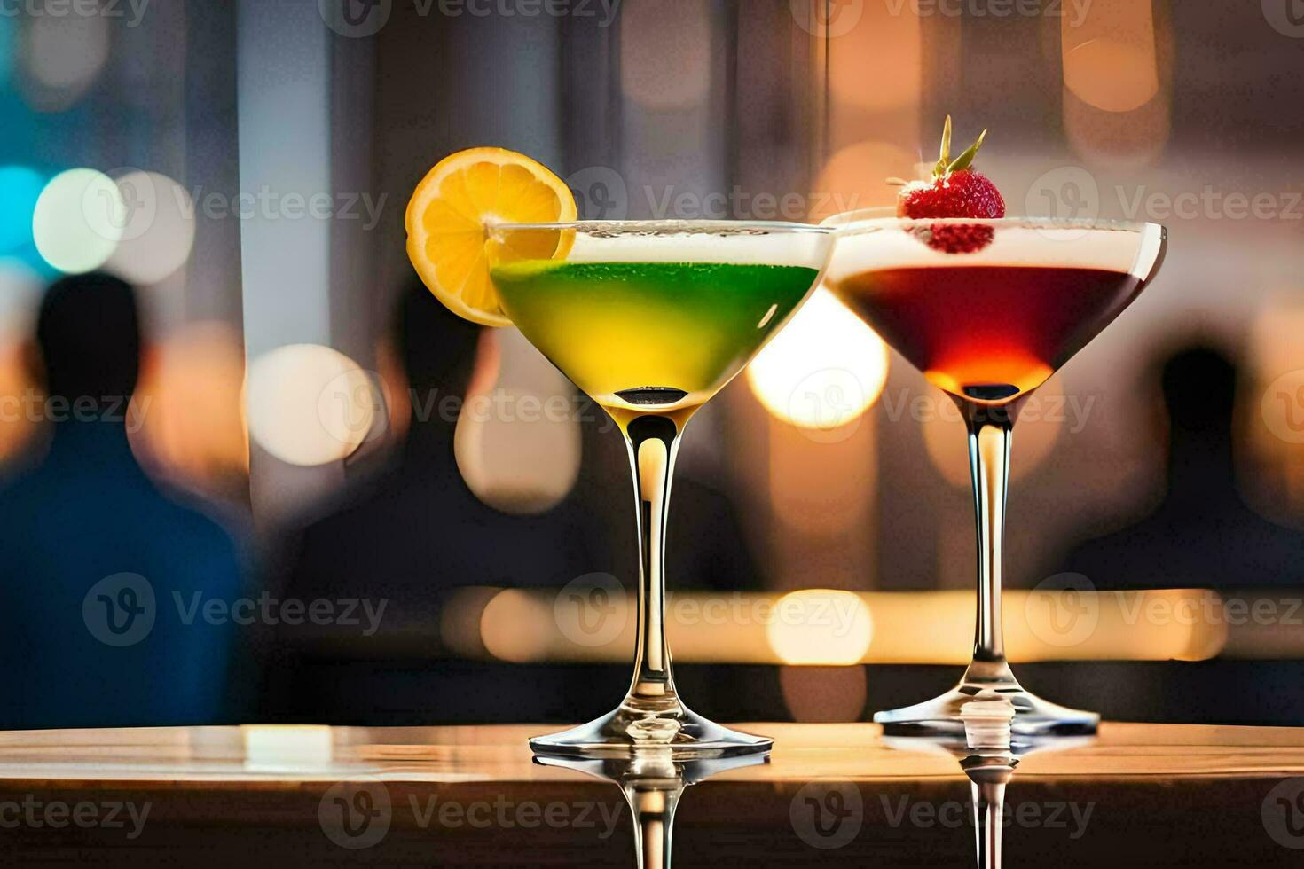 two colorful cocktails on a bar. AI-Generated photo