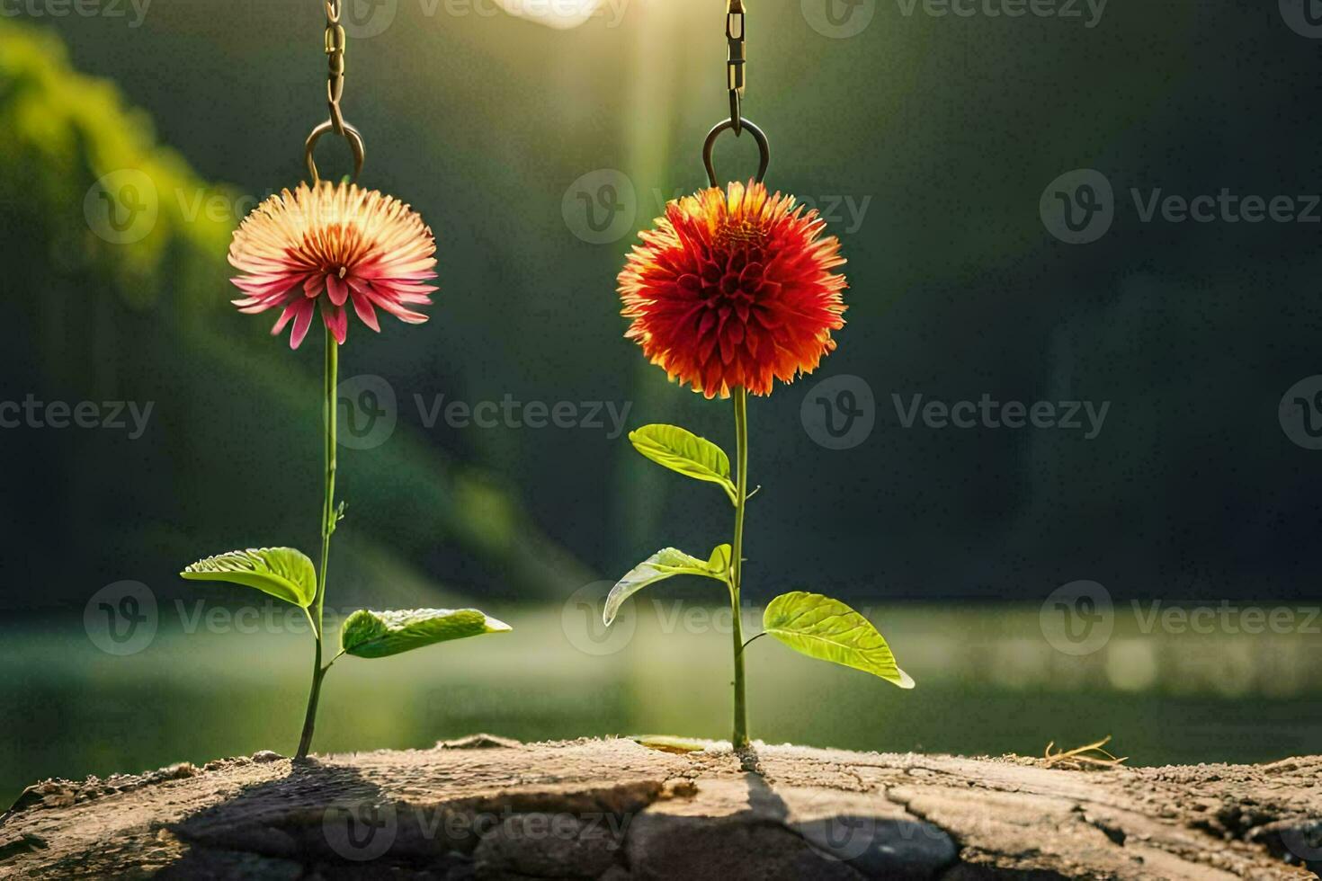 two flowers are hanging from a chain by a lake. AI-Generated photo